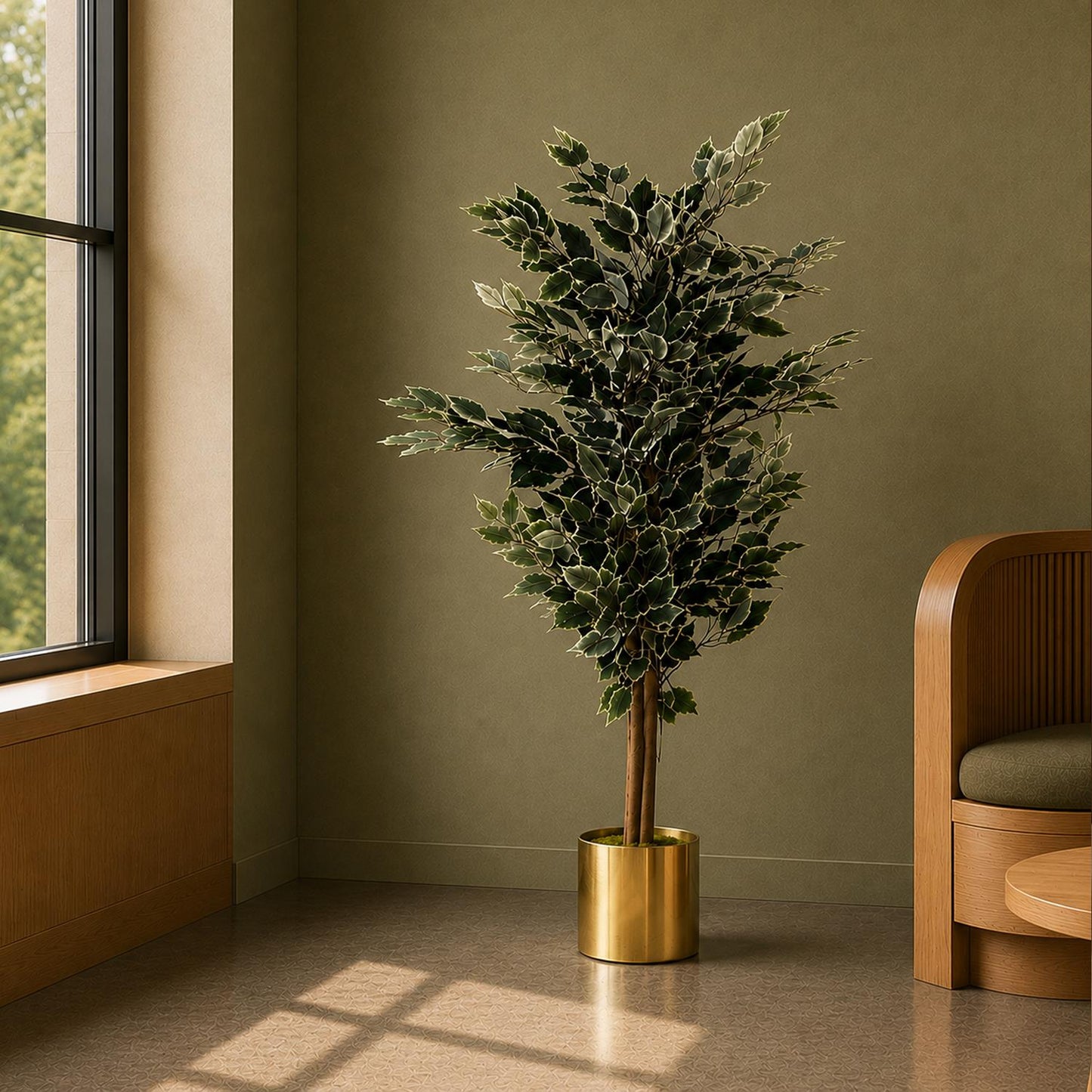 130cm Artificial Variegated White/Green Bushy Ficus Tree Gold Planter – image 5