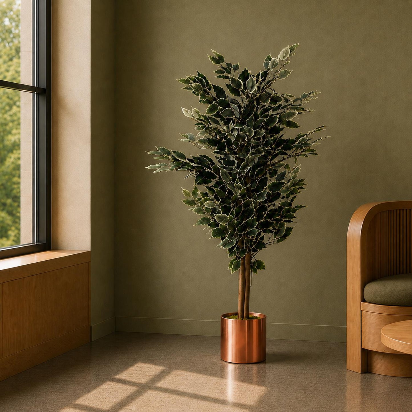130cm Artificial Variegated White/Green Ficus Tree Copper Planter – image 5