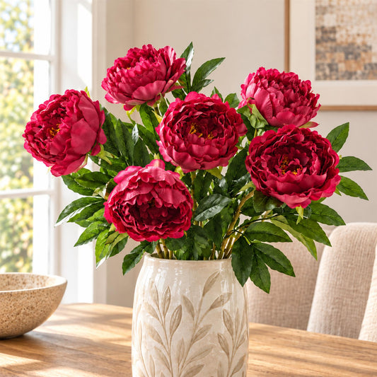 Pack of 6 x 80cm Artificial Dark Pink Peony Stem