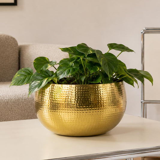Leaf Metal Bowl Planter 32 x 20cm Hammered Gold Colour Straight Edge – image 2