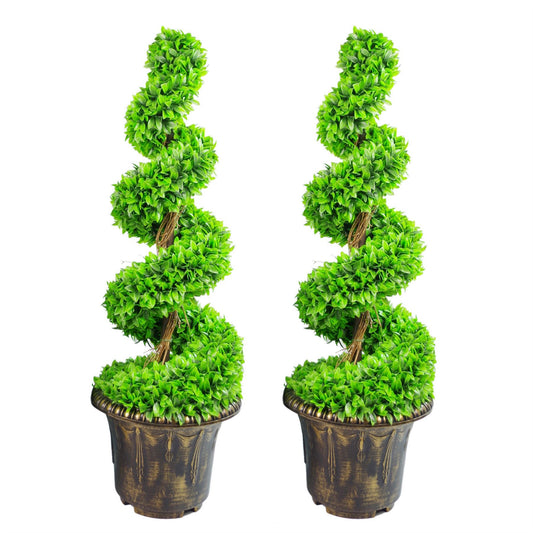 90cm Artificial Pair of Green Leaf Spiral Topiary Trees with Planters