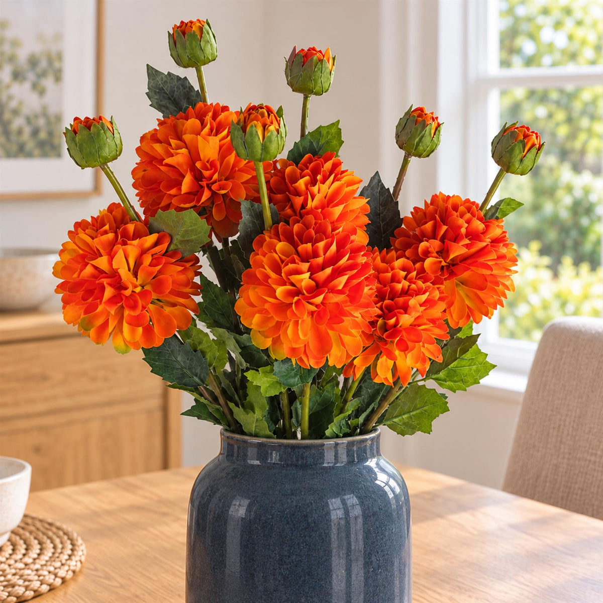 Pack of 6 x 75cm Artificial Dahlia PomPom Flower Stem Orange