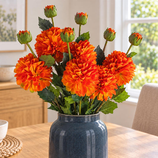 Pack of 6 x 75cm Artificial Dahlia PomPom Flower Stem Orange