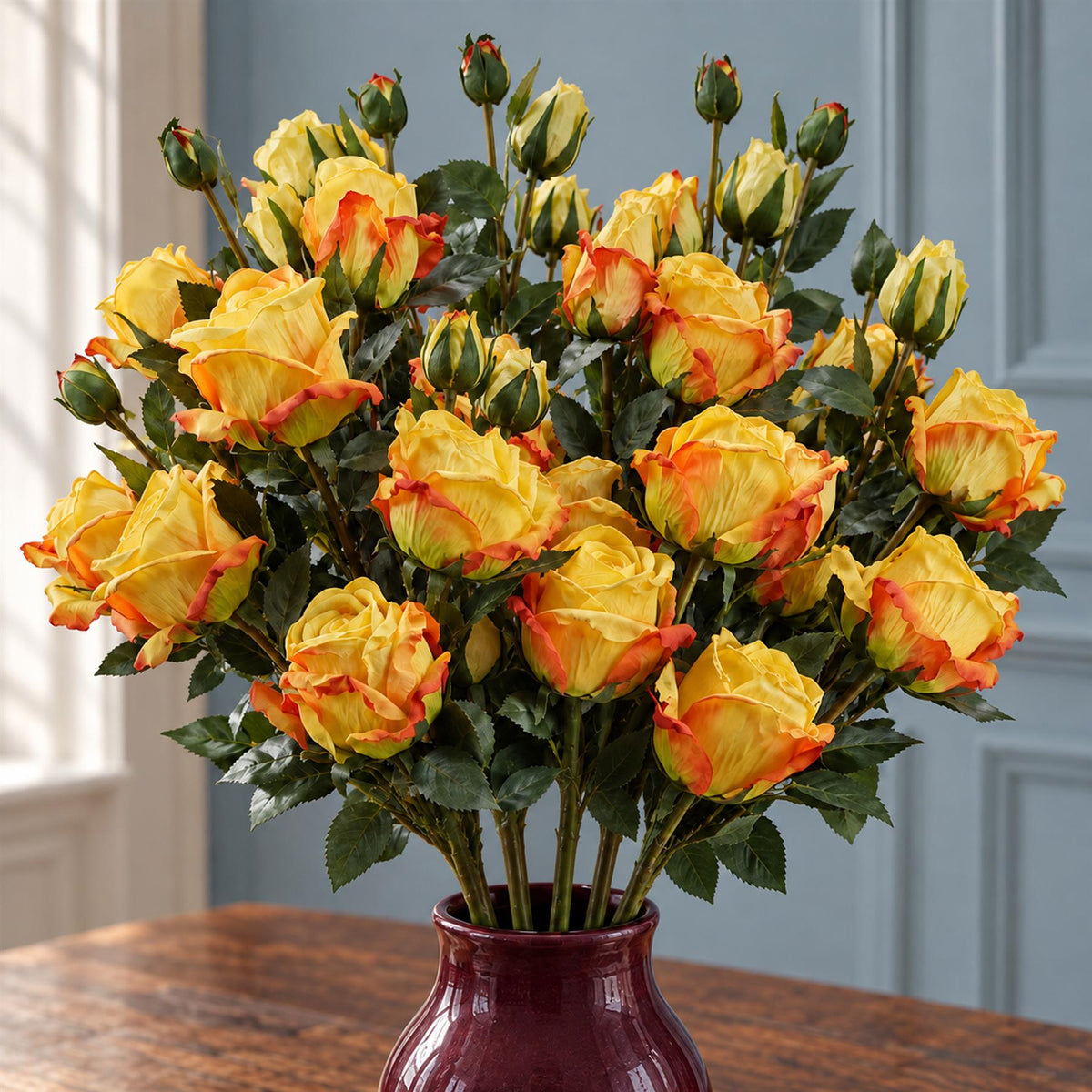 6 x 60cm Yellow Rose Artificial Flower Sprays - 24 Flowers 18 Buds