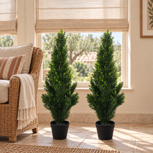 90cm Pair of Artificial Cedar Cypress Topiary UV Resistant
