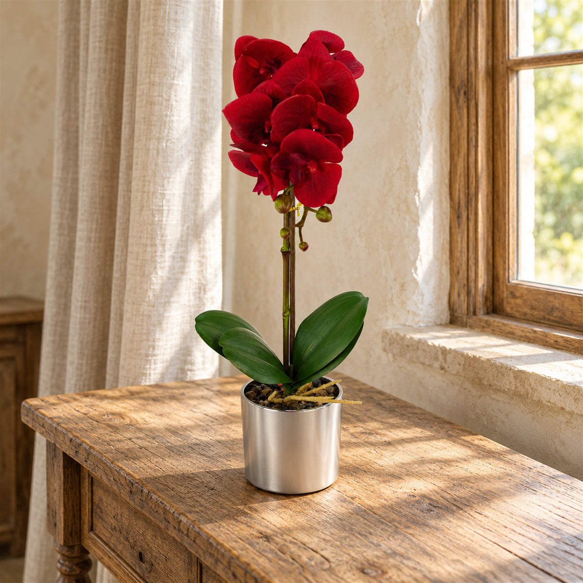 46cm Artificial Orchid Red with Silver Pot