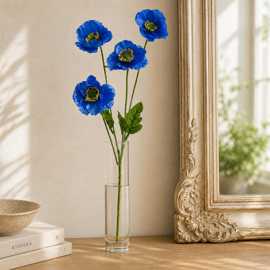 60cm Artificial Blue Poppy Spray - 4 Flowers