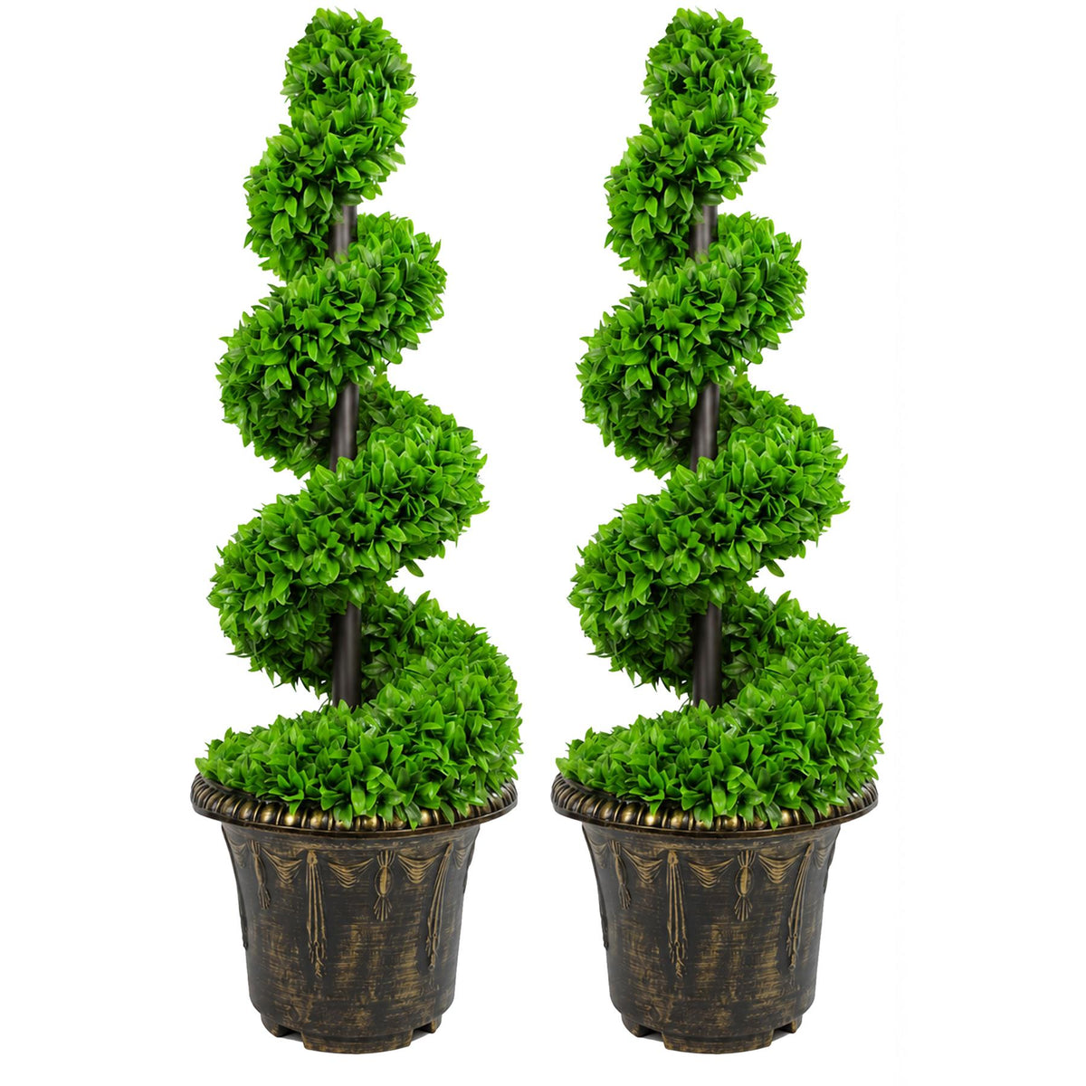90cm Artificial Pair of Green Leaf Spiral Topiary Trees with Planters