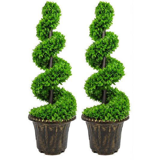 90cm Artificial Pair of Green Leaf Spiral Topiary Trees with Planters