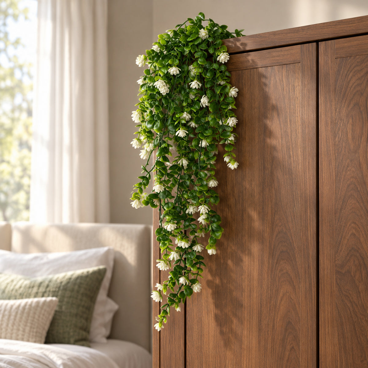 70cm Artificial Trailing Green White Flowering Hanging Plant Foliage