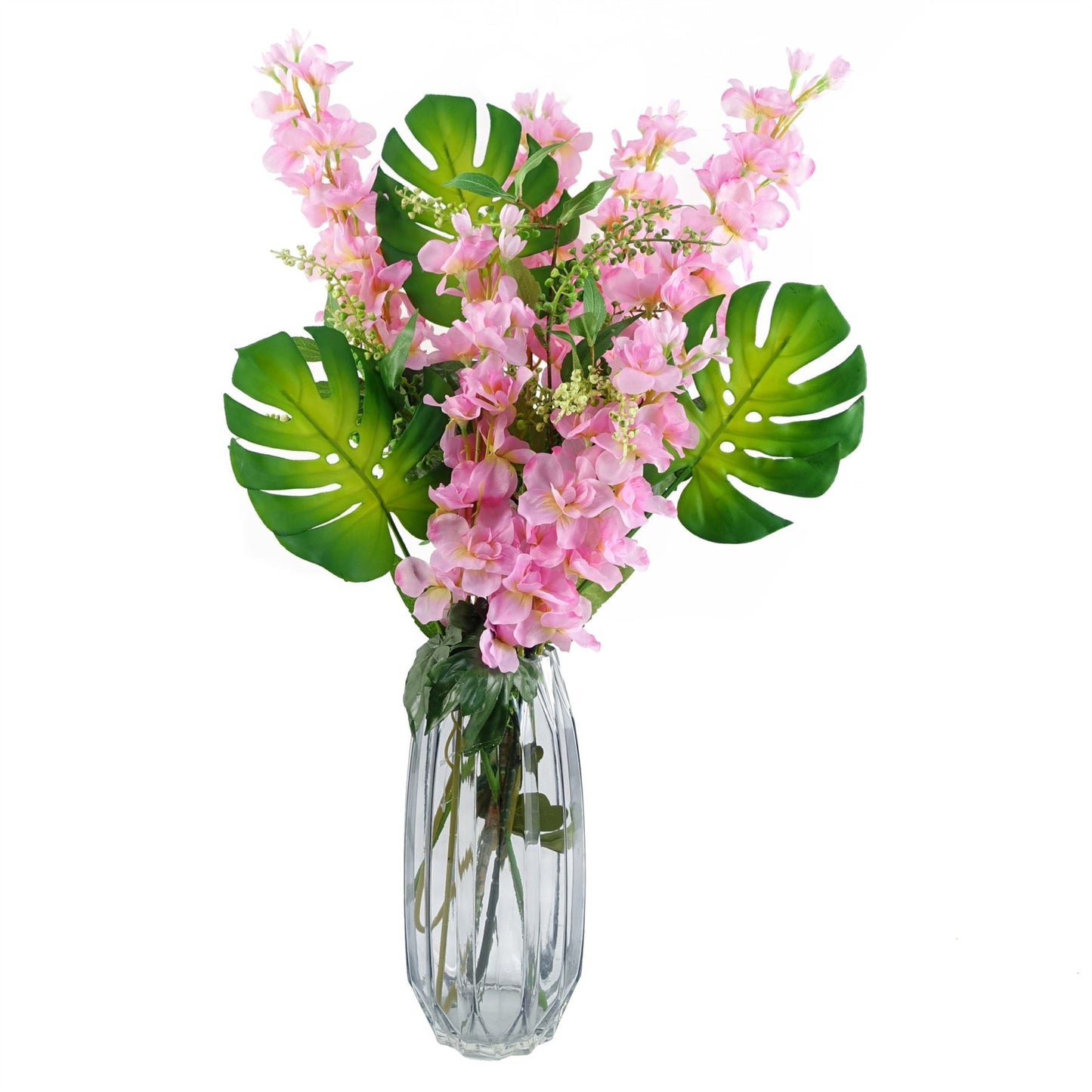 60cm Artificial Pink Delphinium Tropical with Glass Vase