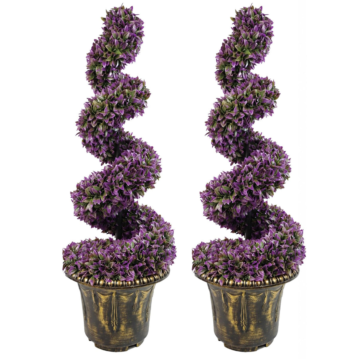 90cm Artificial Pair of Purple Leaf Spiral Topiary Trees with Planters