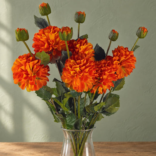 Pack of 6 x 75cm Artificial Dahlia PomPom Flower Stem Orange