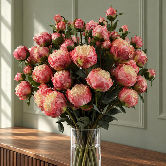 6 x 55cm Pink Peony Artificial Flower Stems - 24 flowers 18 buds