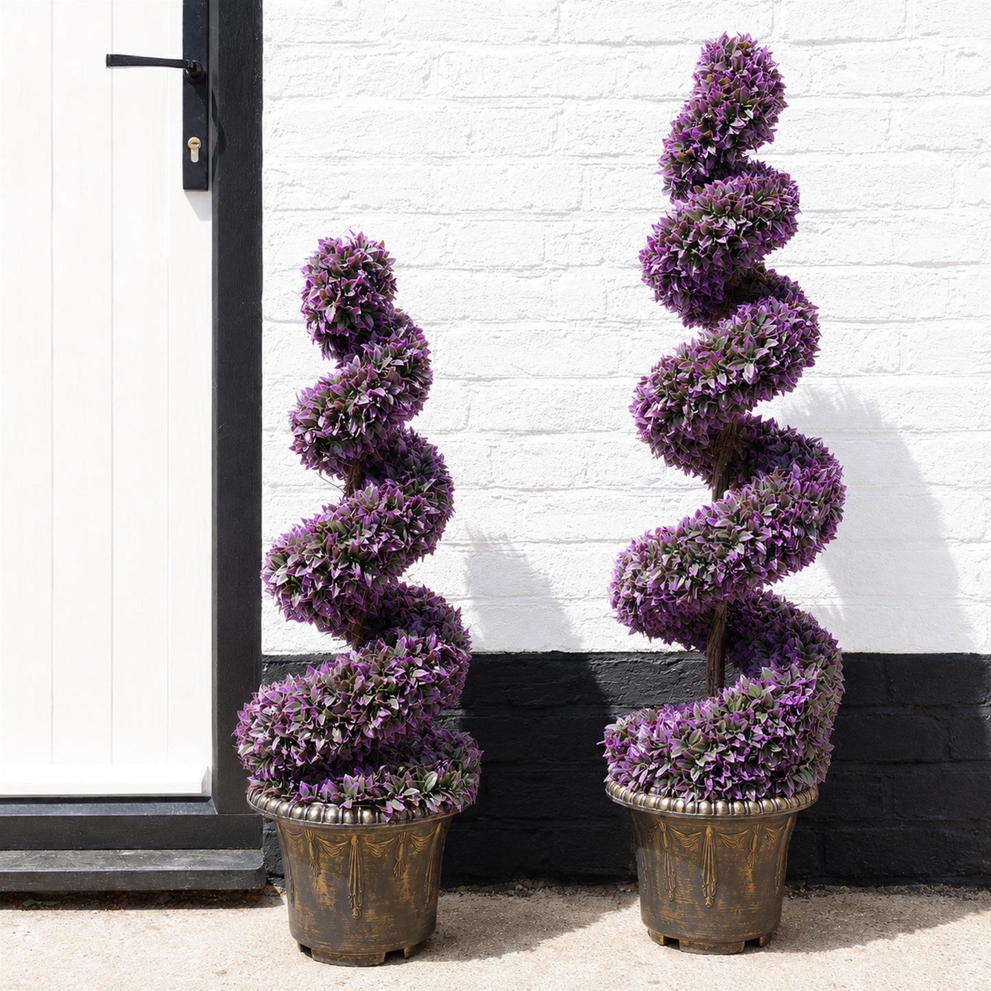 120cm Artificial Pair of Purple Leaf Spiral Topiary Trees Planters