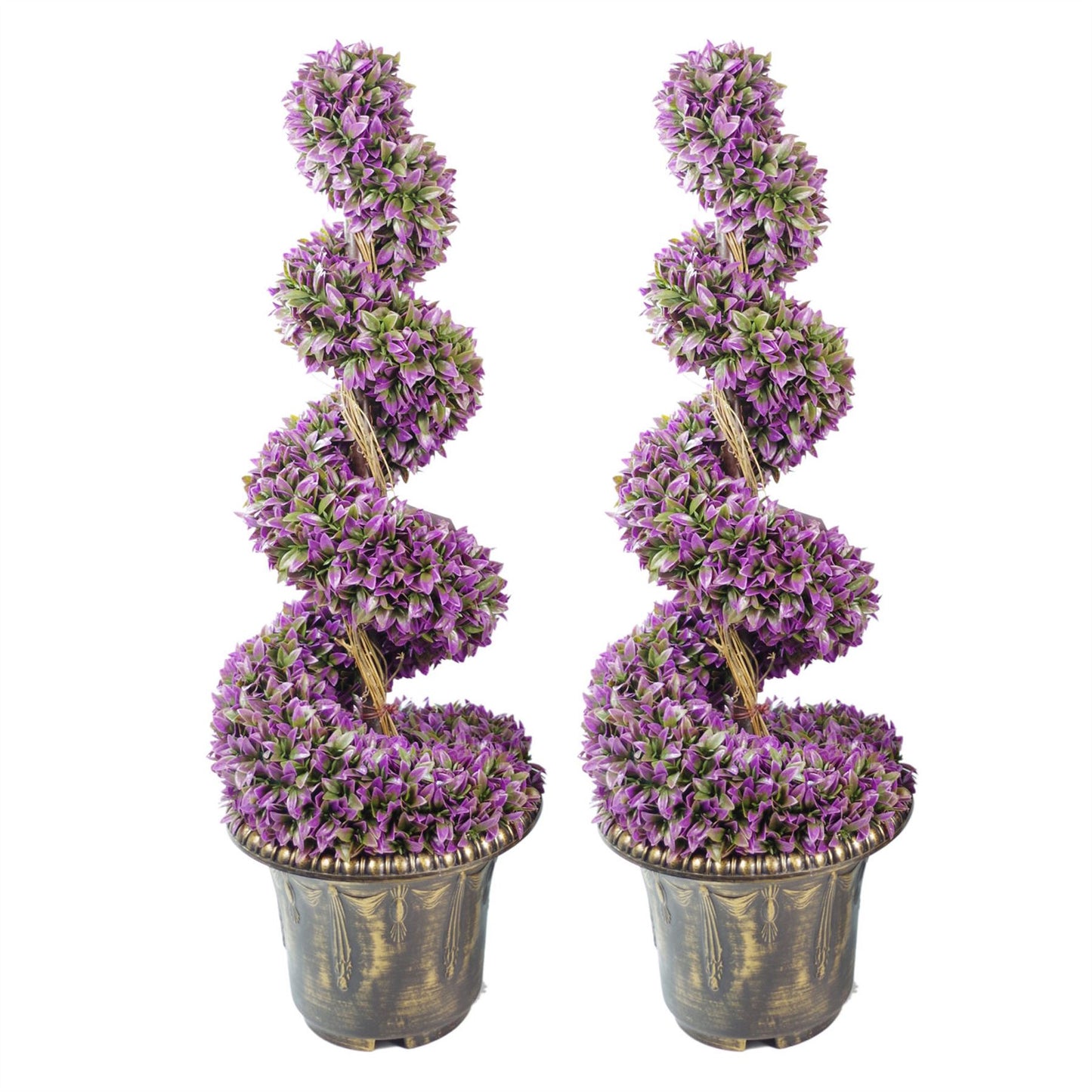 90cm Artificial Pair of Purple Leaf Spiral Topiary Trees with Planters