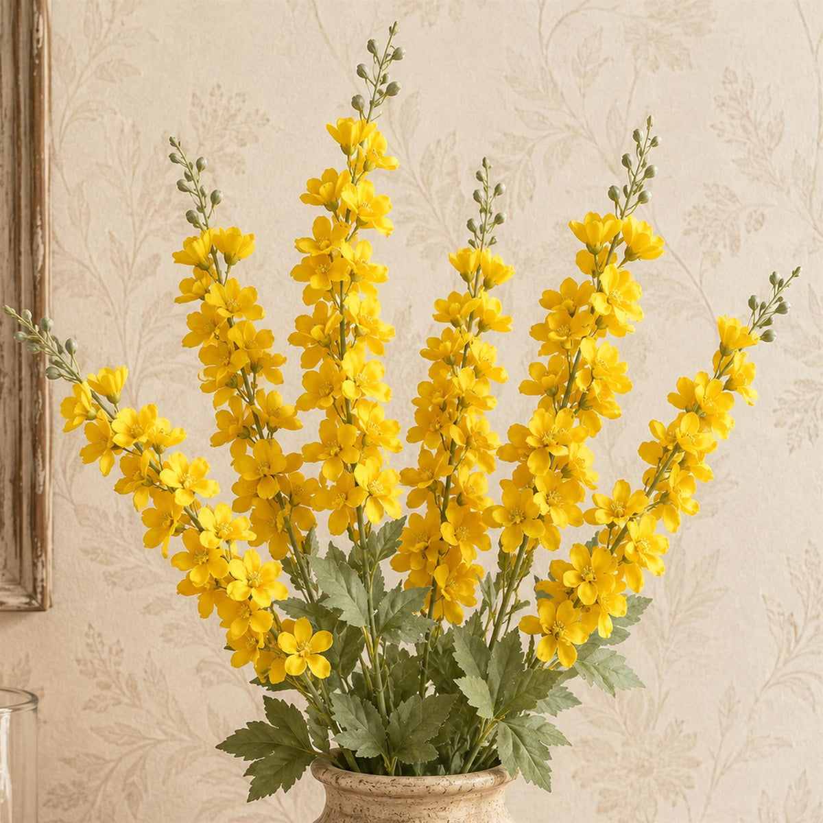 Pack of 6 x 85cm Artificial Yellow Larkspur Flower Stems