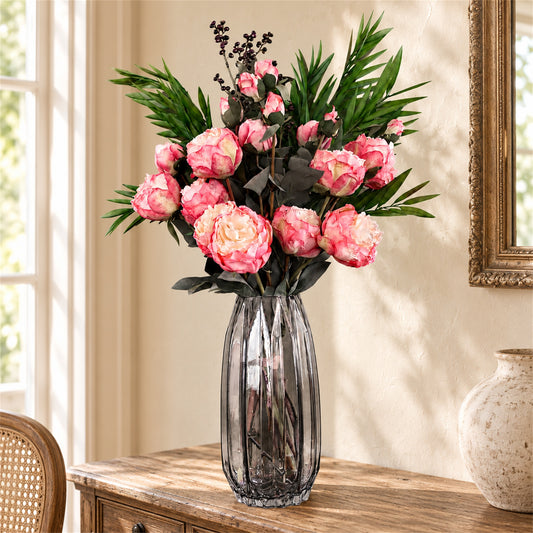 85cm Geometric Glass Vase Pink Peony and Berry Artificial Flowers