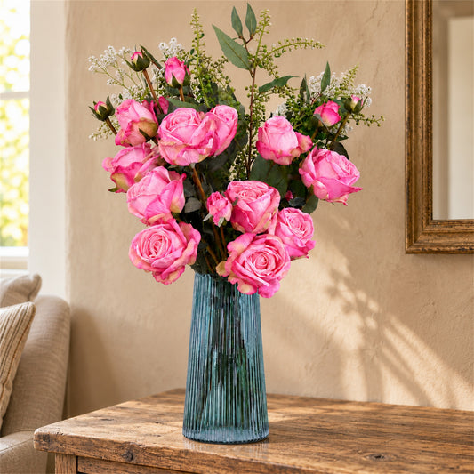 60cm Pink Rose Artificial Flower Display Glass Vase