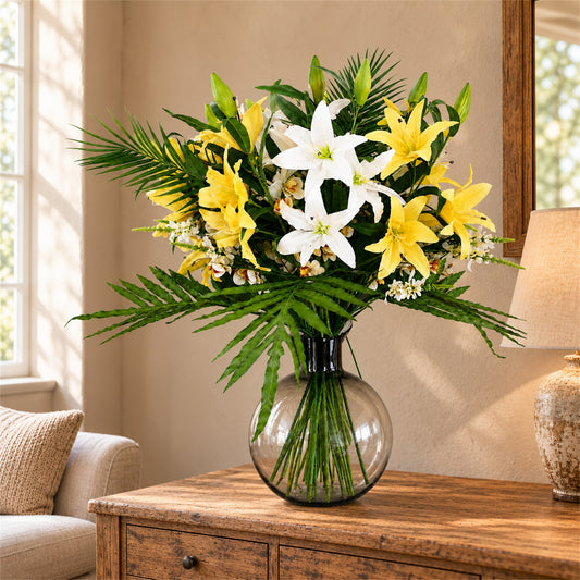 100cm Artificial Lily Palm Flowers Glass Ball Vase