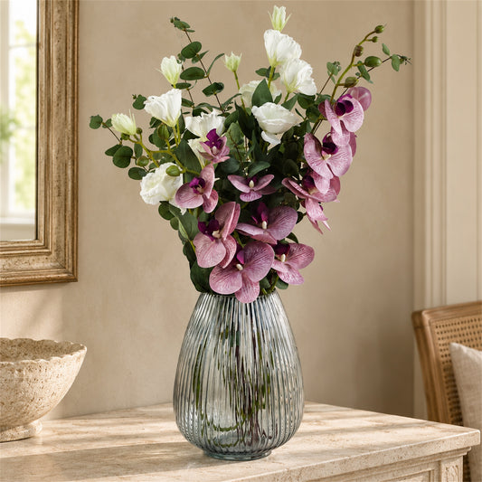 70cm Grey Glass Vase Artificial Orchids and Roses