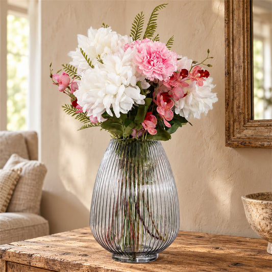 60cm Artificial Chrysanthemum and Orchid Display Glass Vase