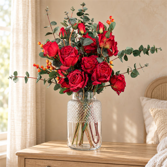 60cm Artificial Red Rose and Eucalyptus Glass Diamond Vase