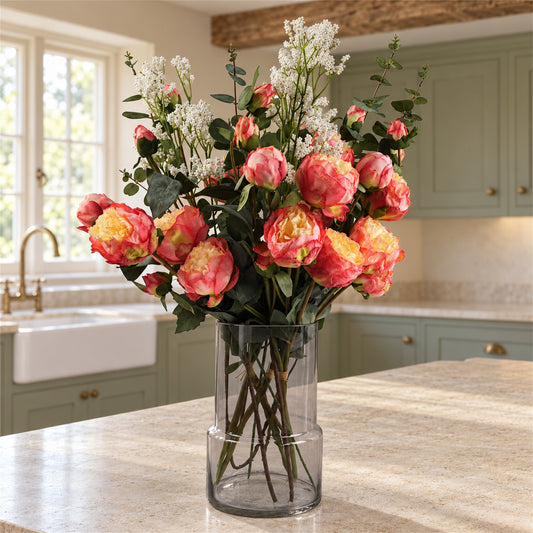 60cm Smoke Grey Vase Pink Peonies and Artificial Eucalyptus