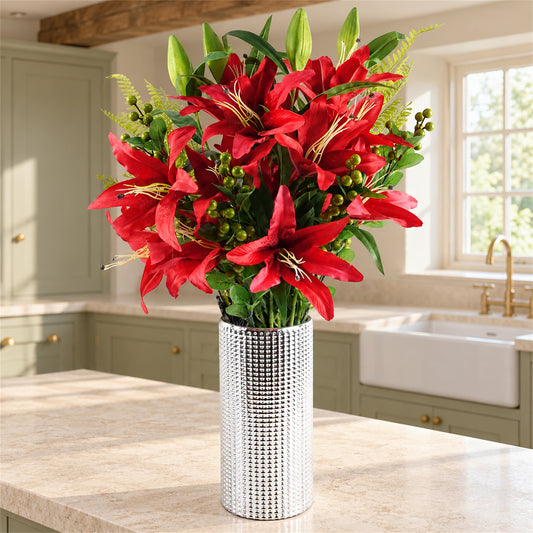 70cm Artificial Red Lily Display Silver Glass Vase