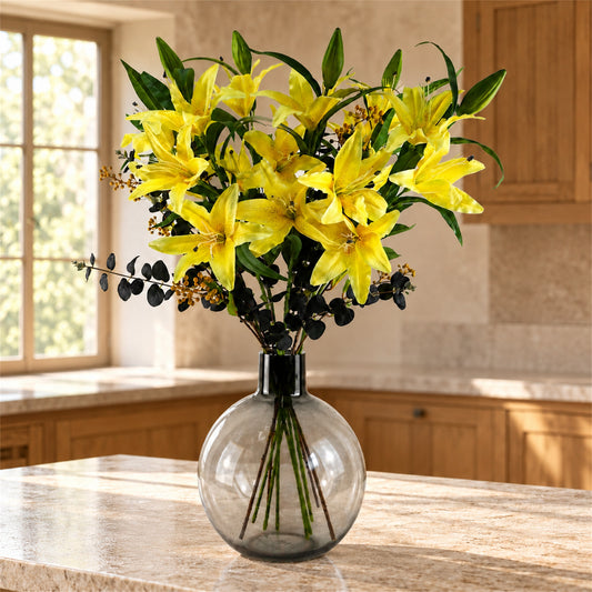 100cm Artificial Yellow Lily Black Eucalyptus Glass Ball Vase