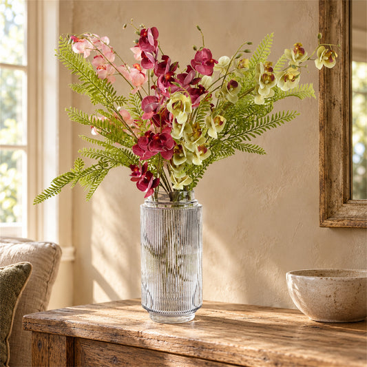 65cm Artificial Mixed Wild Orchid and Ferns Glass Vase