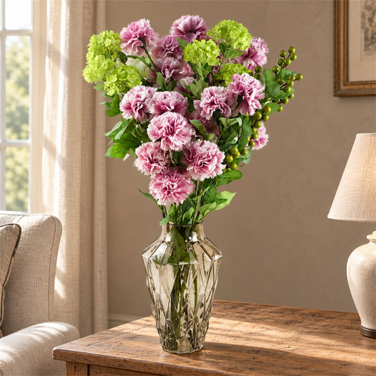 70cm Artificial Pink Carnation Display Glass Vase