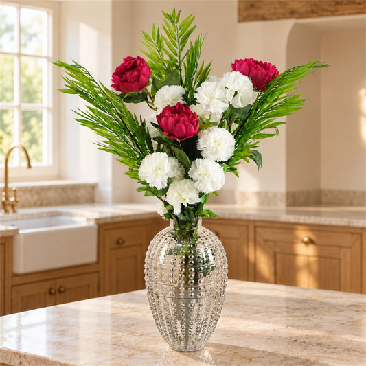 85cm Artificial White Carnation Pink Peony and Fern in Glass Vase
