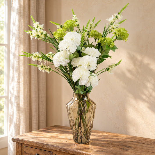 80cm White Artificial Carnation and Larkspur in Glass Vase