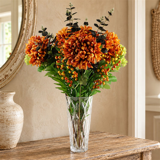 80cm Artificial Orange Chrysanthemum Foliage and Glass Vase