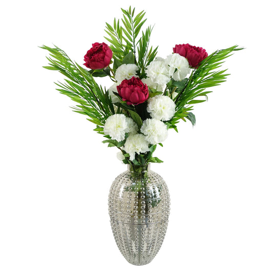 85cm Artificial White Carnation Pink Peony and Fern in Glass Vase