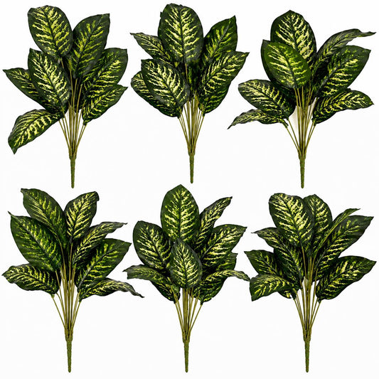 Pack of 6 x 60cm Artificial Dieffenbachia Style Stem Plant Green Variegated Faux Foliage