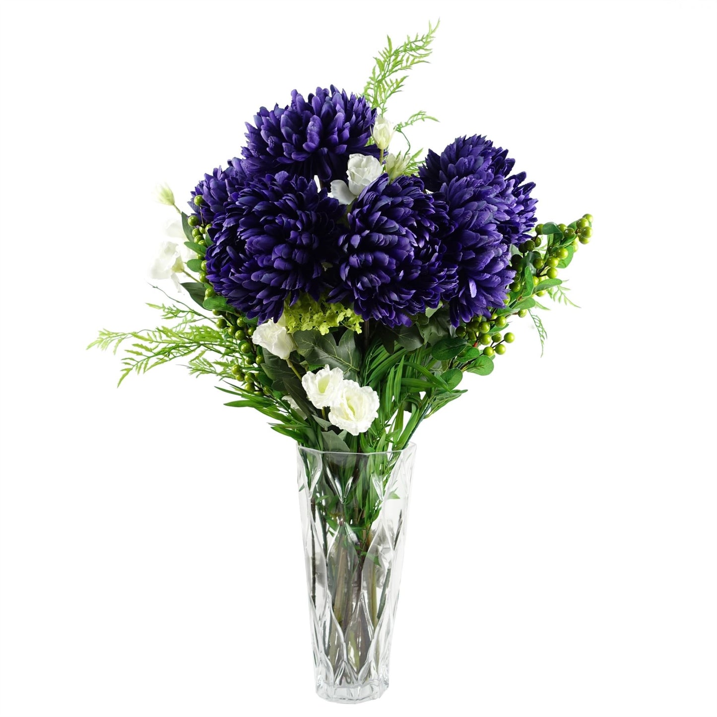 90cm Artificial Purple Chrysanthemum and Ferns Glass Vase