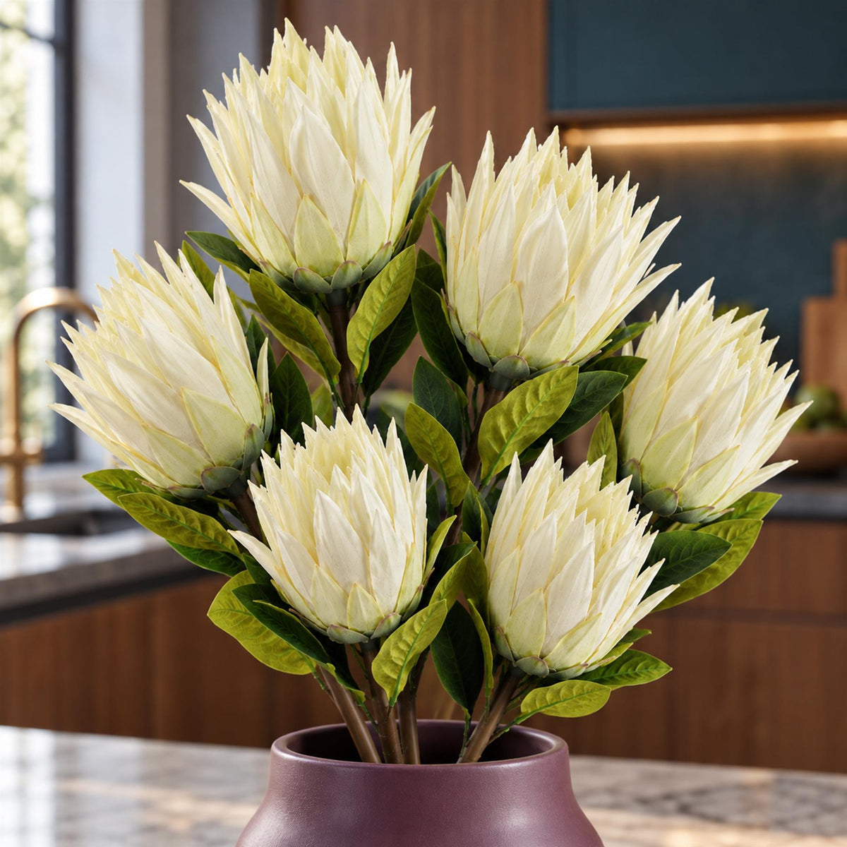 Pack of 6 x 65cm Protea Sugarbush Flower Stem - White