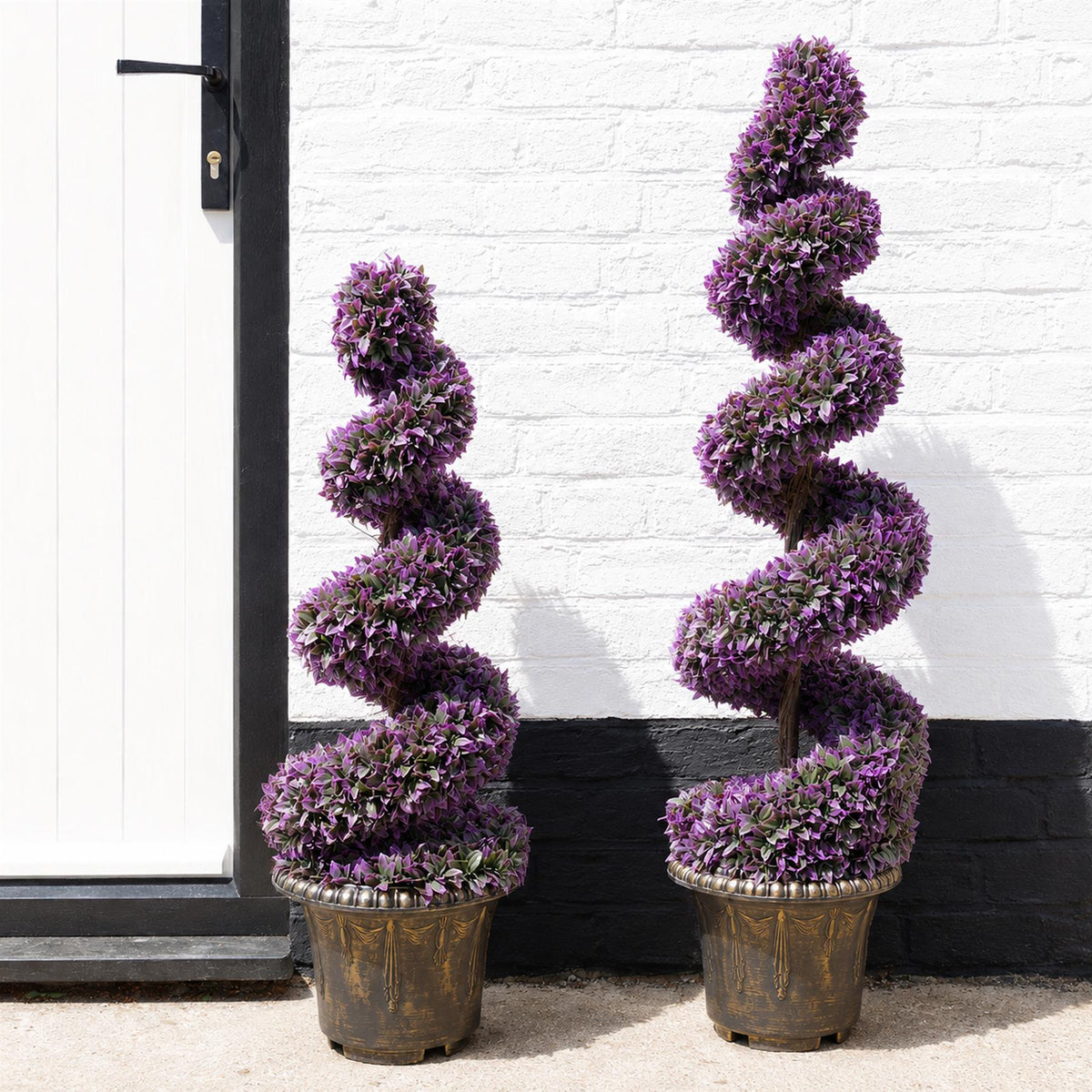 90cm Artificial Pair of Purple Leaf Spiral Topiary Trees with Planters