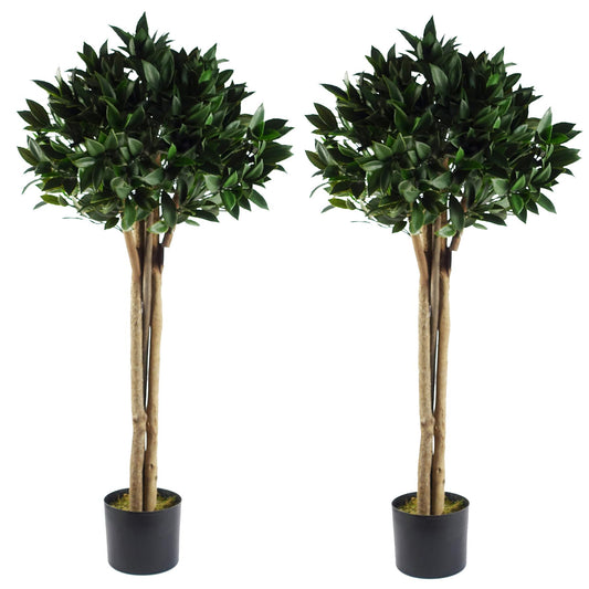 120cm Pair of Artificial Bay Leaf Laurel Tree Topiary Ball 4ft Tall