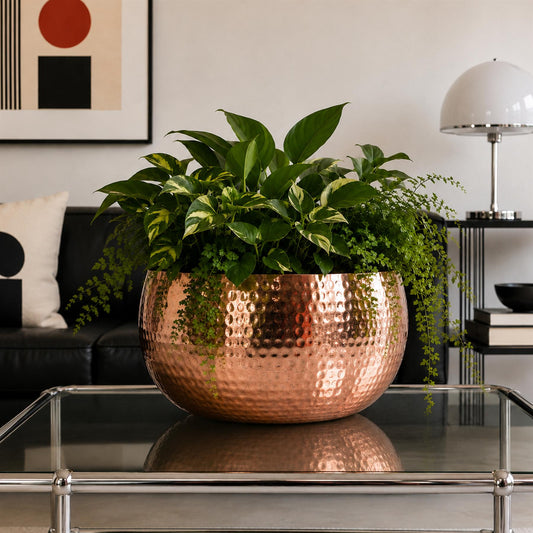 Leaf Metal Bowl Planter 32 x 20cm Hammered Copper Colour Straight Edge – image 4