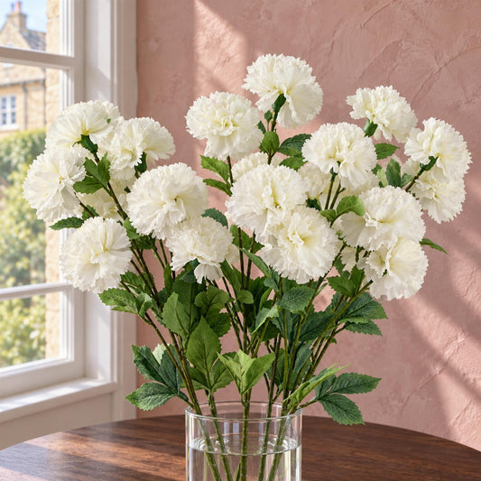 Pack of 6 x 70cm White Artificial Carnation Stem - 24 Flowers