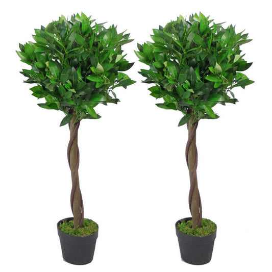 90cm UK Pair of Artificial Bay Topiary Ball Trees, Green Twist