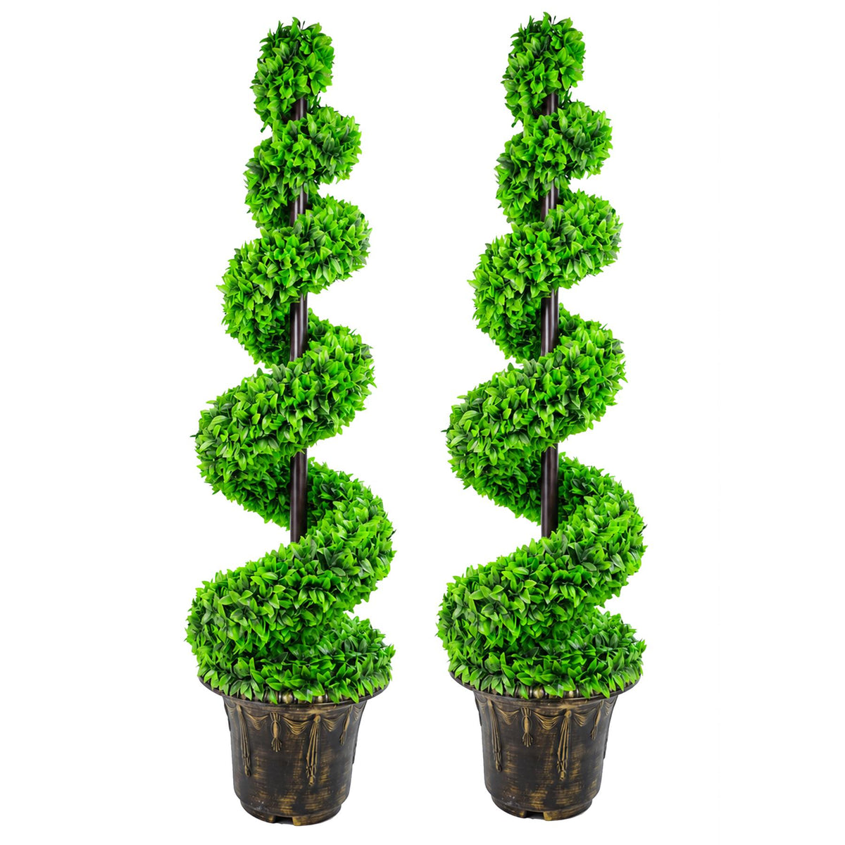 120cm Artificial Pair of Green Leaf Spiral Topiary Trees with Planters