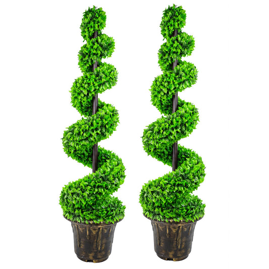 120cm Artificial Pair of Green Leaf Spiral Topiary Trees with Planters