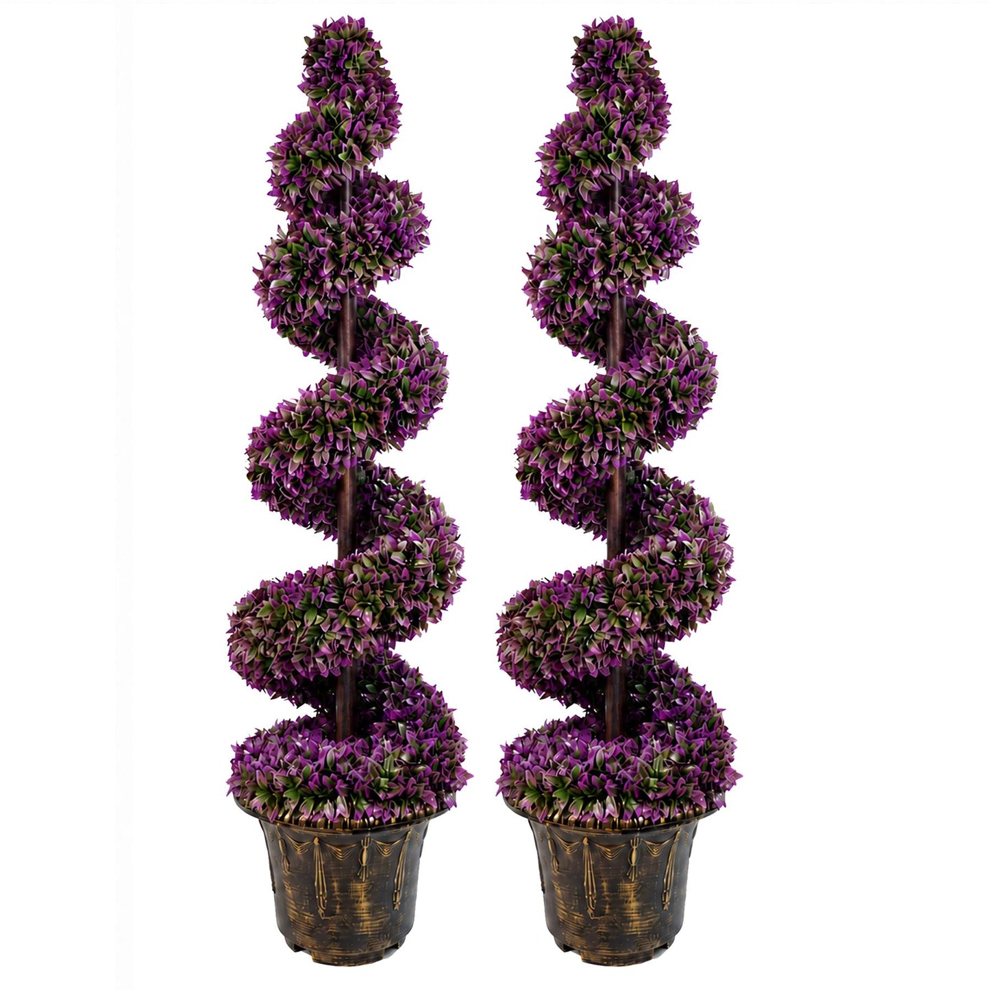 120cm Artificial Pair of Purple Leaf Spiral Topiary Trees Planters