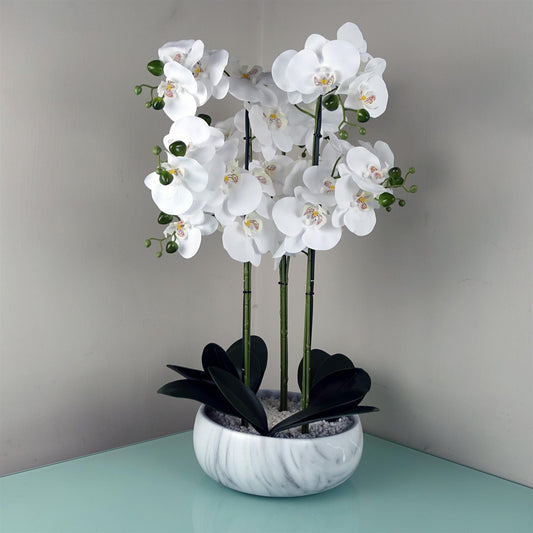 Artificial 60cm Orchid White Marble Effect Ceramic Planter