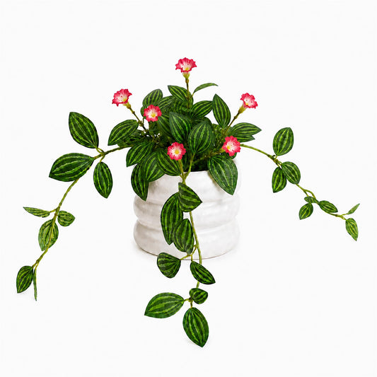 45cm Artificial Trailing Striped Leaf Plant with Pink Flowers in White Pot