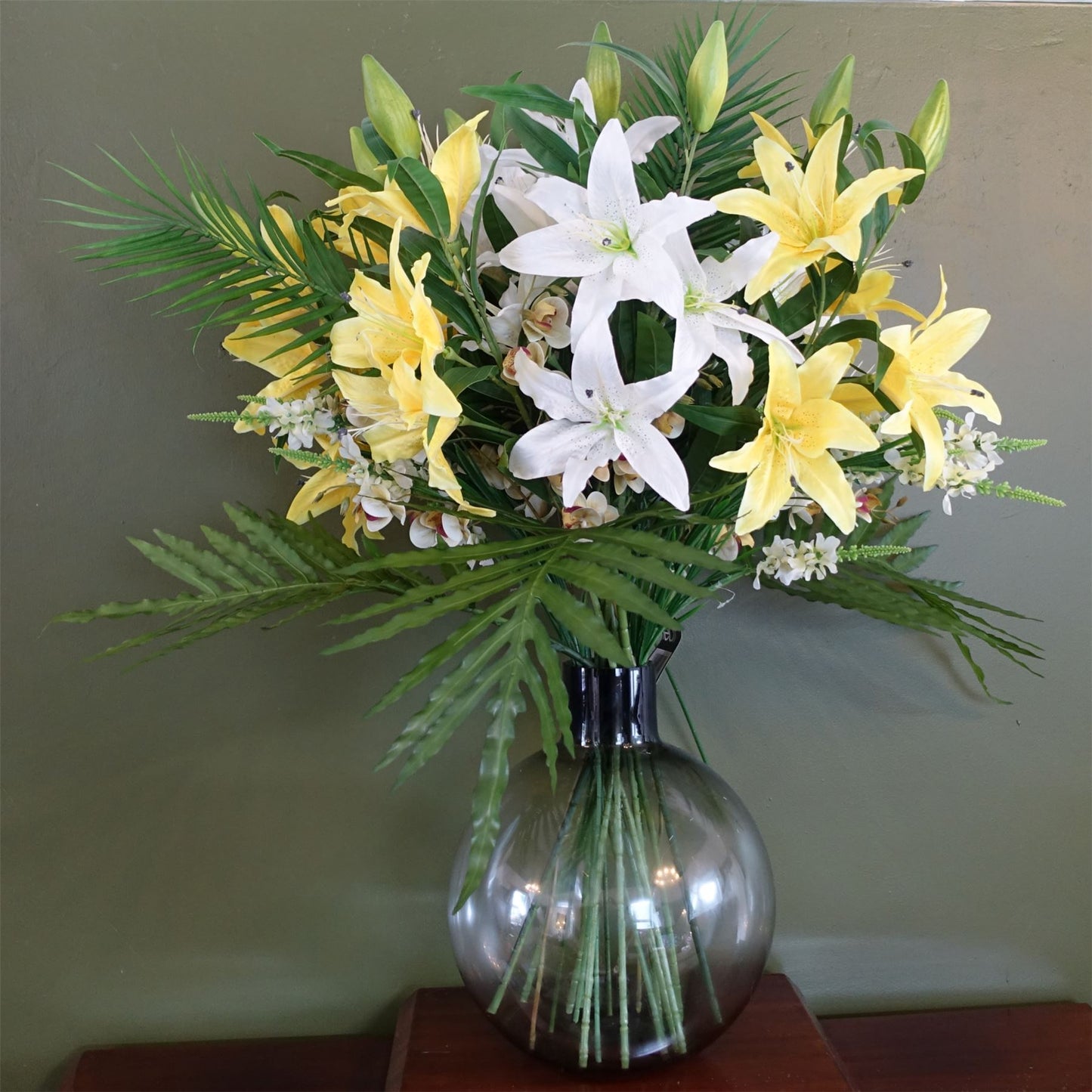 100cm Artificial Lily Palm Flowers Glass Ball Vase